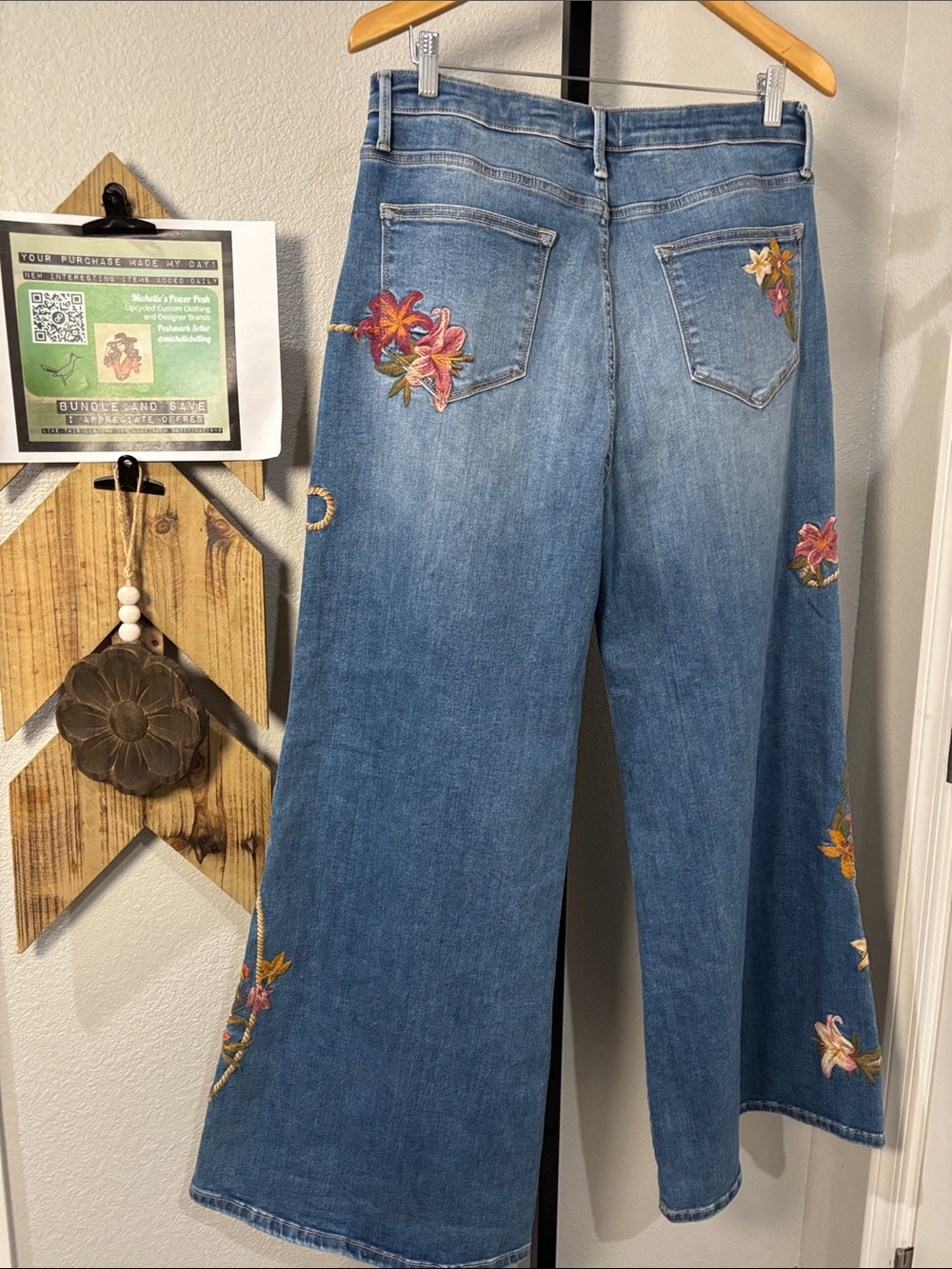 DRIFTWOOD Penelope Blue Wide-Leg Jeans with Western & Floral Embroidery W33” L32 - Picture 3 of 10
